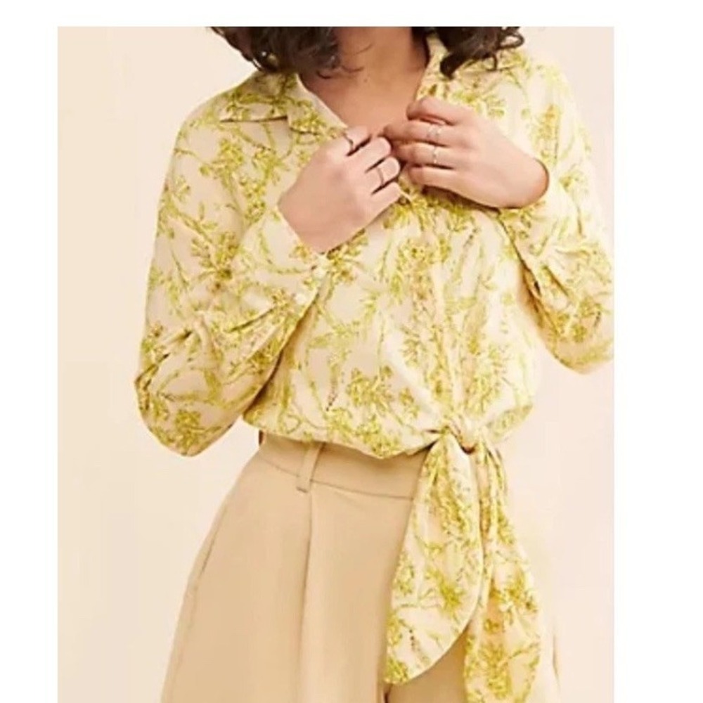 Anthropologie Hutch Robbie Linen Tie Top Size 3X Butter Yellow Green Floral
